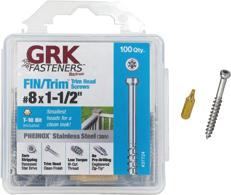 GRK 772691377241 8 x 1-1/2" 37724 FIN/Trim 305 Stainless Steel Finish Screws 100 Count, Color